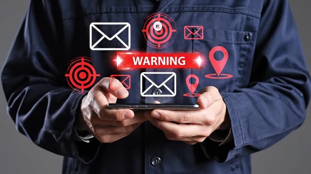 Cybersecurity professional using smartphone to identify email threats, phishing, malware, and spam with an online warning system. Essential for data protection, digital safety, and fraud prevention.