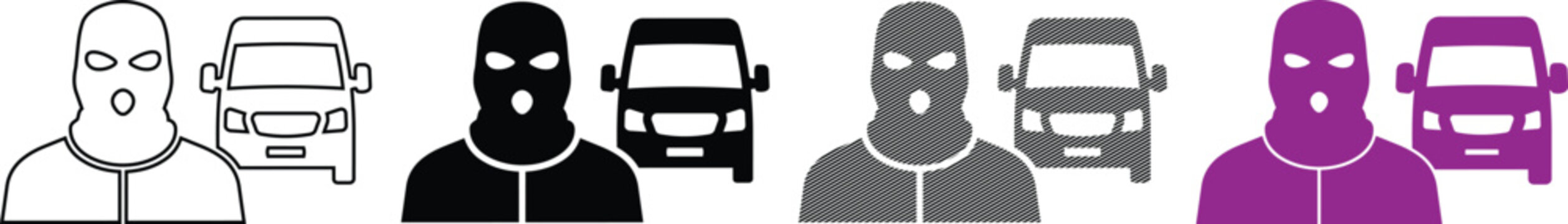 Masked criminals with van vector illustration, robbery and crime concept.