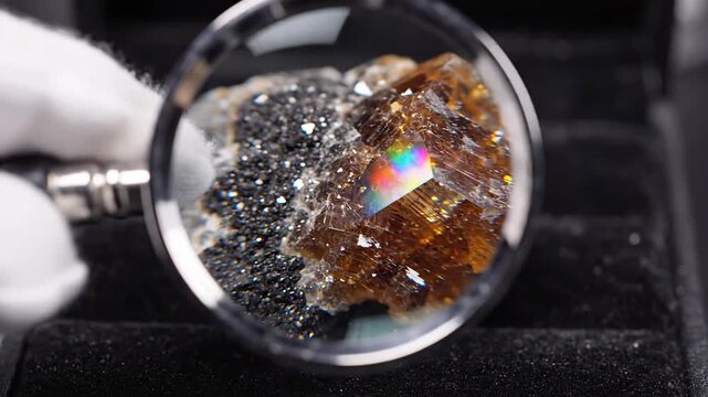 Titanite crystal under magnification displaying golden sparkle