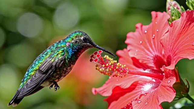 Tiny hummingbird feeding on nectar from red hibiscus flower