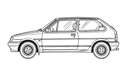 Fototapeta premium Detailed vintage compact hatchback car line art vector side profile 80s 90s style automotive outline illustration