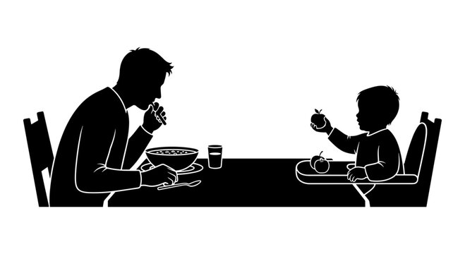 A quiet moment of shared meal between an adult and a child at a dining table. Vector, illustration