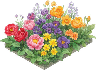 Obraz premium 水彩画の美しい花壇、色とりどりの花々が咲き誇る庭園イラスト