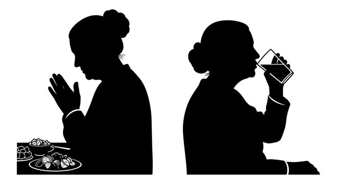 Silhouettes show two women at a table. One claps hands in gratitude. The other sips water from a glass. Simple, dark shapes create contrast. Scene suggests quiet dining or mealtime