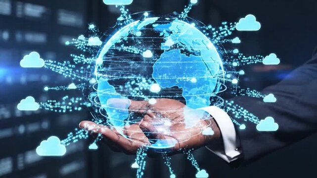 Hand holding globe with network connecting data. Implement of digital technology, cloud computing and ai artificial intelligence develop smart information transformant and global business development