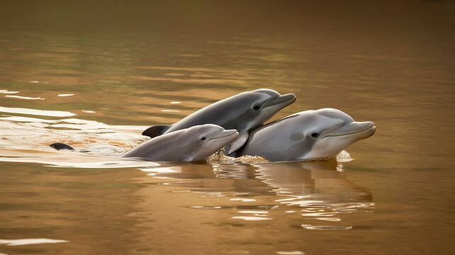 Irrawaddy Dolphins Surfacing in Shallow Muddy River Water