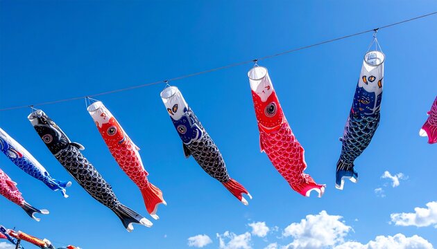 青空を背景にカラフルな鯉のぼりが風を受けて泳ぐように揺れる端午の節句のローアングル写真