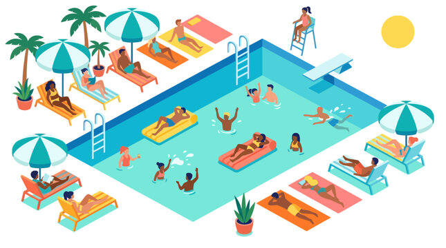 Isometric People Relaxing and Swimming at a Summer Resort Pool