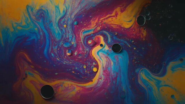 A vibrant abstract image showcases swirling patterns of blue, yellow, and magenta hues, interspersed with glistening bubbles, creating a mesmerizing and fluid composition.