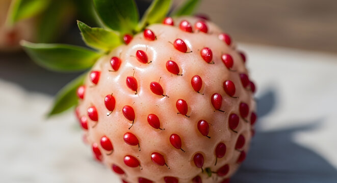 Close up of a white pineberry strawberry with red seeds