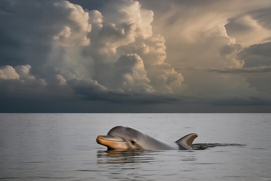 Irrawaddy Dolphin Swimming in Calm Waters Beneath Dramatic Clouds