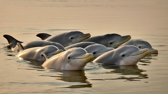 Irrawaddy Dolphins Surfacing in Golden Morning Light at Tranquil River