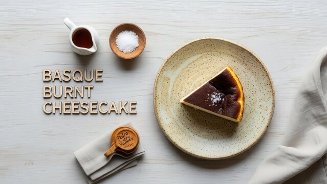 Basque Burnt Cheesecake Slice on Ceramic Plate with Wooden Letter Label and Minimalist Flat Lay