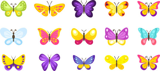 Naklejka premium Set of bright colorful butterflies in cute playful illustration style, isolated on white background for kids design, spring and summer decoration, stickers, education materials, greeting cards, brandi