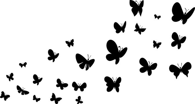 Group of black butterfly silhouettes flying in the air with lots of copy space, minimalist nature background for spring and summer designs, wedding invitations, posters, cards, wallpaper and decorativ
