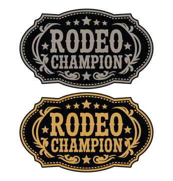 Rodeo champion cowboy belt buckle vector design, vintage western emblem with engraved details for ranch branding, apparel graphics, retro badge, and rustic signage