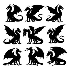 Obraz premium Set of Black Dragon Silhouettes, Mythical Creatures Collection