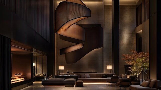 Impressive modern interior space features soaring ceilings and sculptural lighting fixture