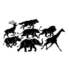 Naklejka premium Diverse Wildlife Silhouette Herd Running Together - Elephant, Lion, Giraffe, Wolf, Rhino, Deer