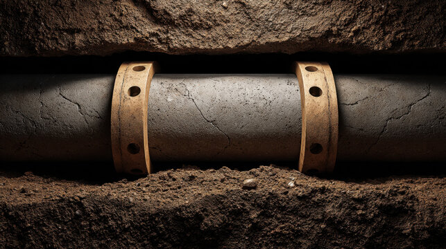 Underground pipe in soil, cross section view of buried pipeline with cracked concrete and metal clamp, dark earth background