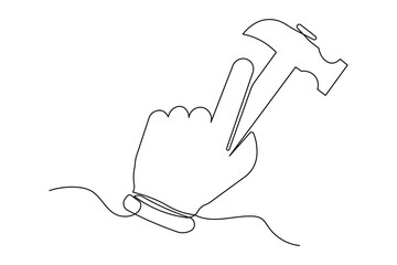 Fototapeta premium Minimalist one line art of hand holding hammer outline illustration