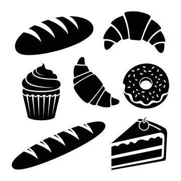 Assorted Baked Goods Icons: Bread, Croissant, Donut, Cupcake, Cake Slice