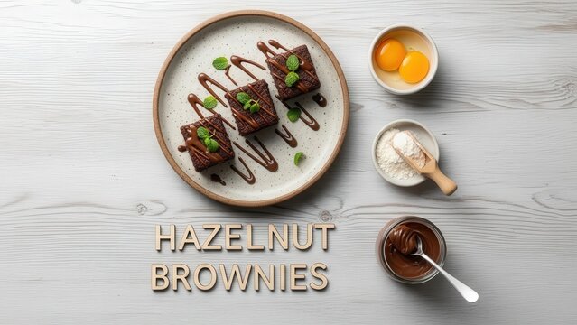 Minimalist Overhead Flat Lay of 3-Ingredient Hazelnut Brownies on Speckled Cream Plate with Wooden Word Sign