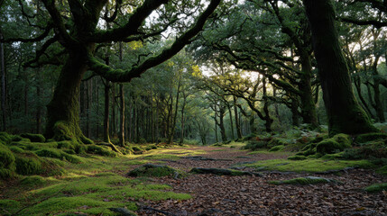 Obraz premium Old forest path mossy trees green clearing eerie woodland twisted branches natural trail shaded grove quiet landscape