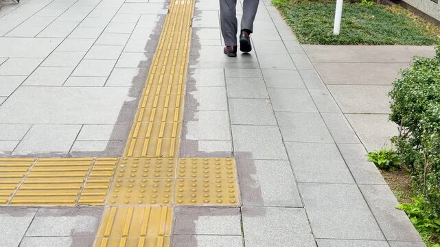 Japanese Salaryman in Business Suit Walking on Tokyo Sidewalk with Tactile Paving