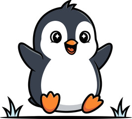 Obraz premium Cute cartoon penguin sitting happily on grass with arms open wide