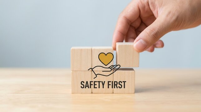 A safety banner features Safety First symbols on wooden cubes, emphasizing employees safety awareness, zero accident concept, and caution regarding work hazards in the workplace.