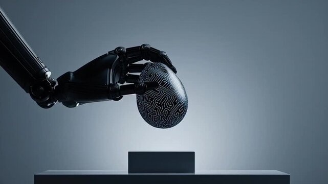 Robotic Hand Carefully Lifting a Cybernetic Circuit Pattern Egg