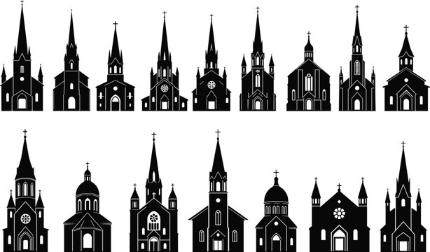Collection of Christian Church Silhouettes Featuring Gothic Architecture Tall Spires Religious Cathedrals and Traditional Chapel Outlines for Graphic Design Projects