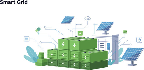 Smart Grid and Renewable Energy Icon Set Featuring Solar Panels Energy Storage and Connected Power Systems © MDRIFAT