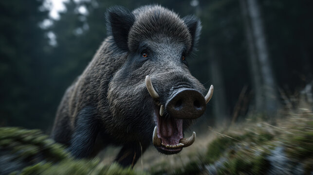Wild boar charging through forest with open mouth and tusk, fierce animal in motion