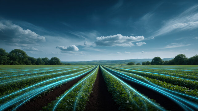 Agricultural field with digital data flowing lines, smart farming concept under blue sky