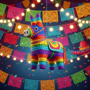 Festive Multi Colored Donkey Pinata with Banners and Confetti