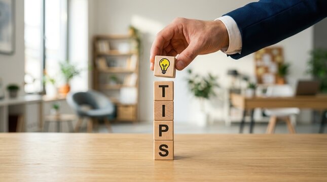 Smart ideas and simple advice for daily work are presented with a stack of wooden cubes spelling TIPS, capped by a bright lightbulb icon.
