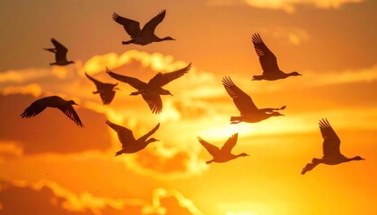 Fototapeta premium A flock of silhouetted birds gracefully soars across a vibrant sunset sky, creating a stunning display of natural beauty and freedom.