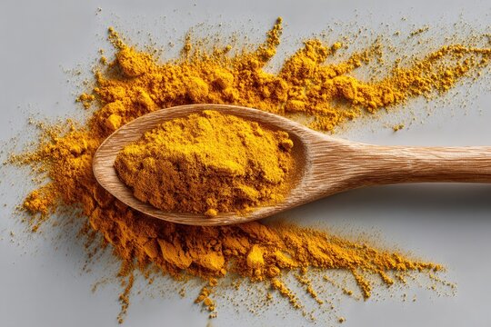 Wooden spoon filled with vibrant yellow turmeric powder
