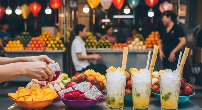 Display of sliced dragon fruit mango and rambutan with cold sodas
