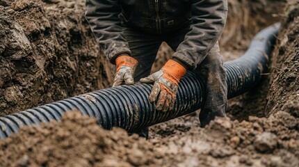 Fototapeta premium A corrugated drainage pipe is being installed by worker hands in a trench, ensuring proper drain control and efficient pipe management.