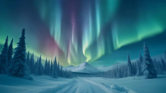 A breathtaking view of the vibrant aurora borealis dancing above a snow-covered landscape of evergreen trees and a distant mountain range under a dark, starry sky.