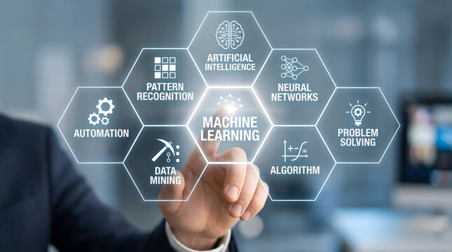 Hand touches machine learning concept on a futuristic digital interface