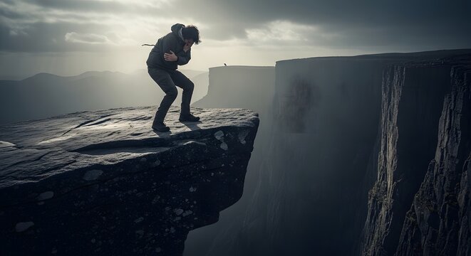A person cowering in fear while standing on the edge of a high mountain cliff representing acrophobia