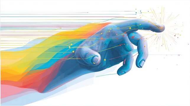 Dynamic hand reaching out with colorful data flows and digital elements