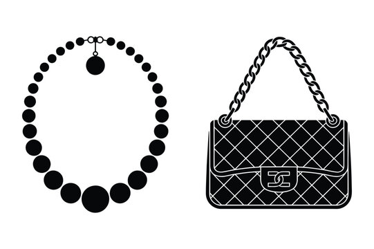 Elegant pearl necklace and a quilted designer handbag with chain strap, necklace