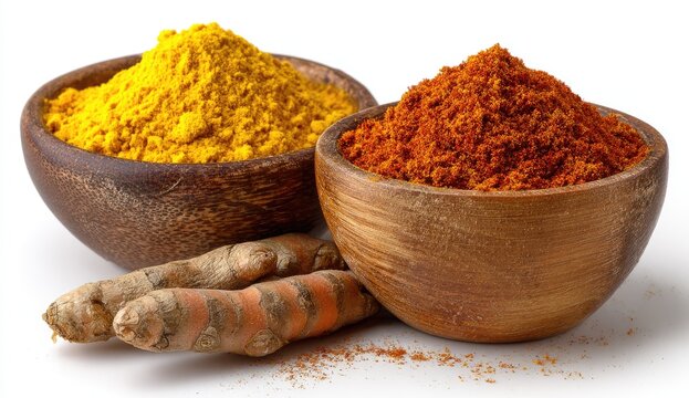 Spices Bowls of yellow & orange powders, roots beside them