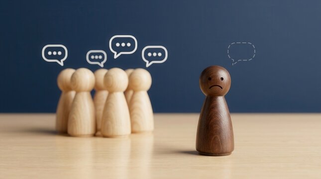 Social discrimination and bullying depicted by a lonely wooden figure excluded from its group, highlighting isolation in school or society.