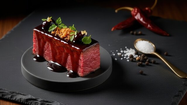 Fine Dining Wagyu Meatloaf Pav&eacute; with Glossy Cherry Demi-Glace on Dark Slate Negative Space